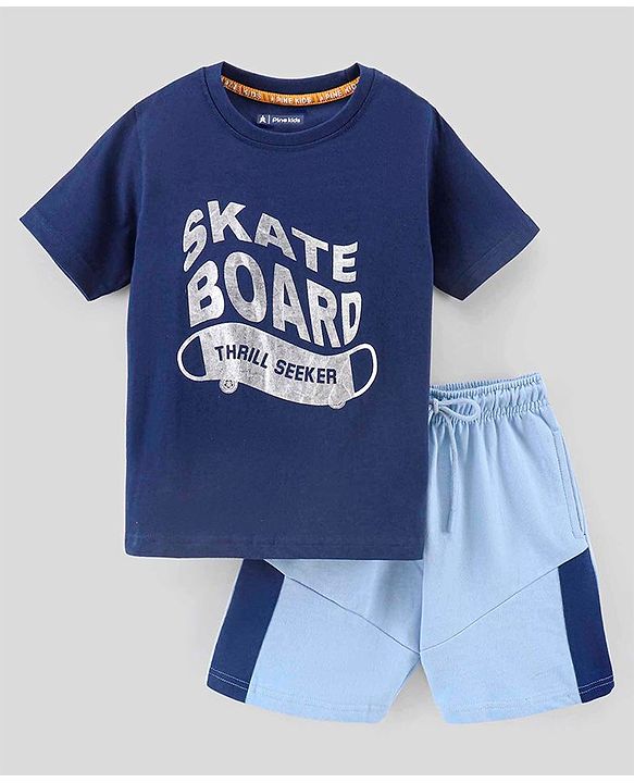 Pine Kids Half Sleeves Biowashed T-Shirt & Shorts Set Text Print - Blue