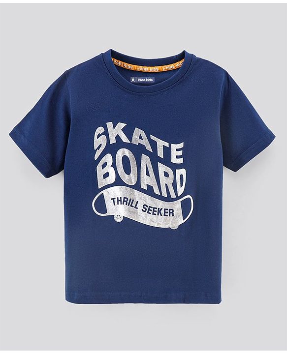 Pine Kids Half Sleeves Biowashed T-Shirt & Shorts Set Text Print - Blue