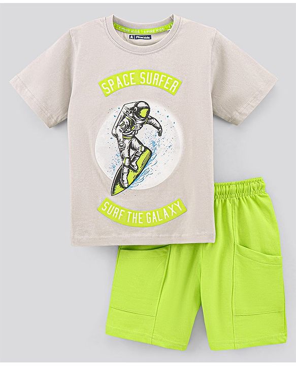 Pine Kids Half Sleeves Biowashed T-Shirt & Shorts Set Surfing & Text Print - Cream Green