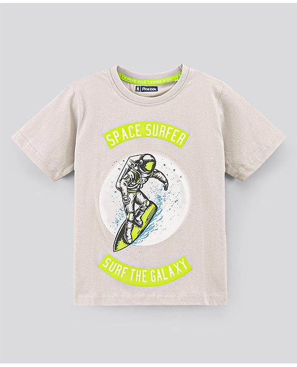 Pine Kids Half Sleeves Biowashed T-Shirt & Shorts Set Surfing & Text Print - Cream Green