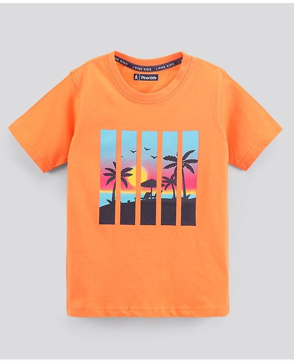 Pine Kids Half Sleeves Biowashed T-Shirt & Shorts Set Beach Print - Orange Blue