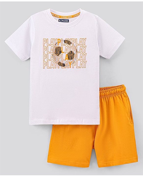 Pine Kids Half Sleeves Biowashed T-Shirt & Shorts Set Football & Play Print - Orange White