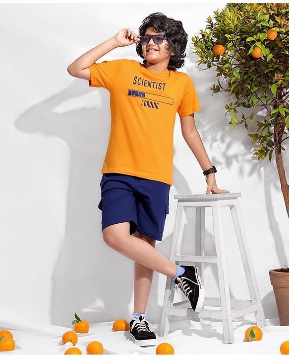 Pine Kids Half Sleeves Biowashed T-Shirt & Shorts Set Scientist Print - Orange