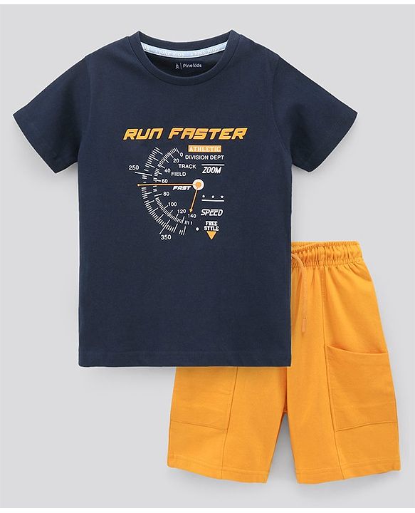 Pine Kids Half Sleeves Biowashed T-Shirt & Shorts Set Speed Meter Print - Blue