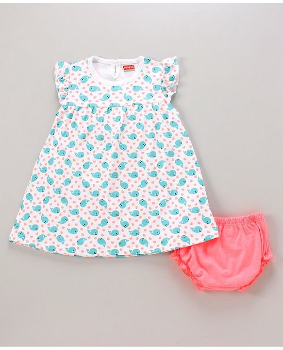 Babyhug Cotton Knit Frill Sleeves Frock with Panty Floral Print - White & Blue