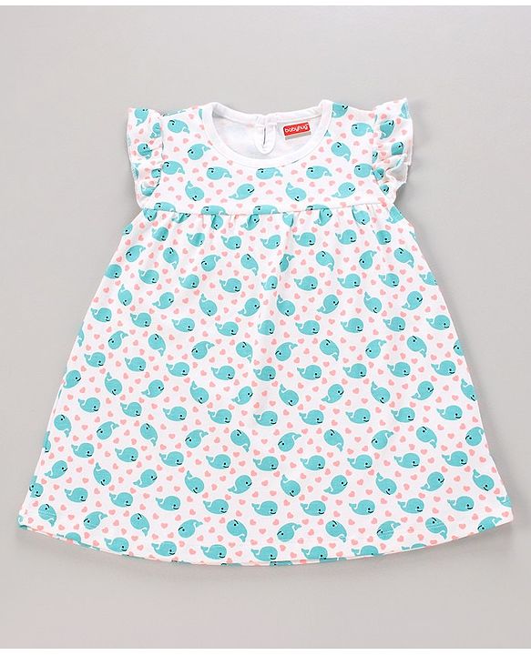 Babyhug Cotton Knit Frill Sleeves Frock with Panty Floral Print - White & Blue