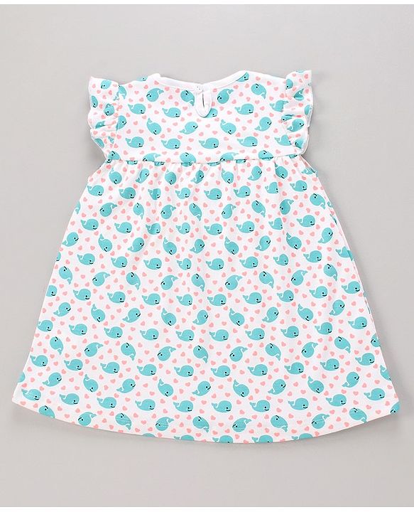 Babyhug Cotton Knit Frill Sleeves Frock with Panty Floral Print - White & Blue