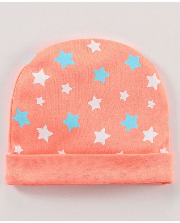 Babyhug 100% Cotton Cap Mittens & Booties Set Star Print Orange - Diameter 17 cm