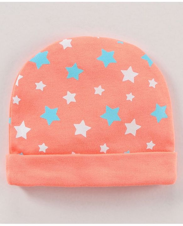 Babyhug 100% Cotton Cap Mittens & Booties Set Star Print Orange - Diameter 17 cm