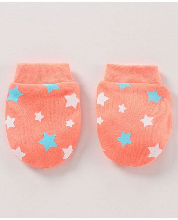 Babyhug 100% Cotton Cap Mittens & Booties Set Star Print Orange - Diameter 17 cm