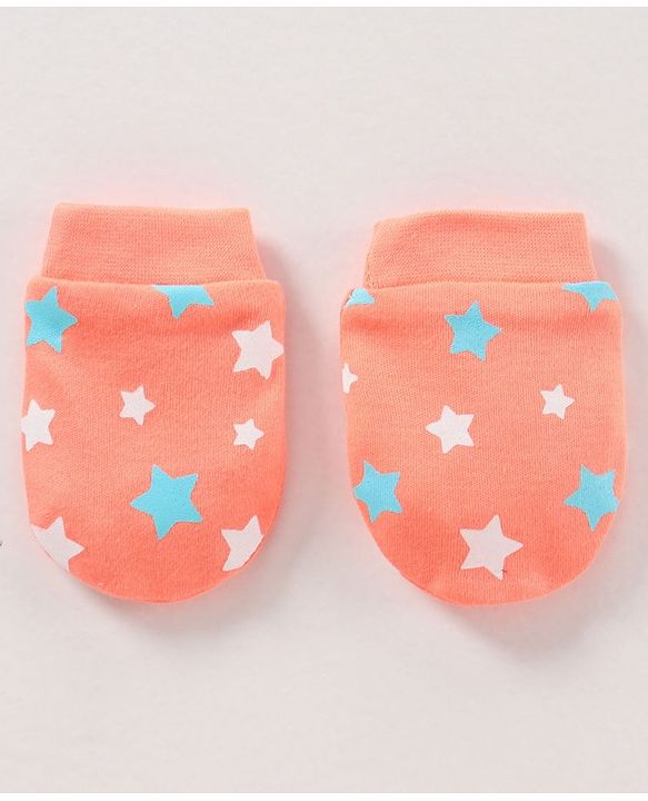 Babyhug 100% Cotton Cap Mittens & Booties Set Star Print Orange - Diameter 17 cm