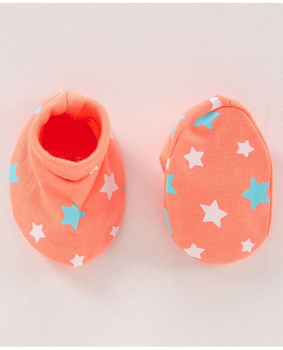 Babyhug 100% Cotton Cap Mittens & Booties Set Star Print Orange - Diameter 17 cm