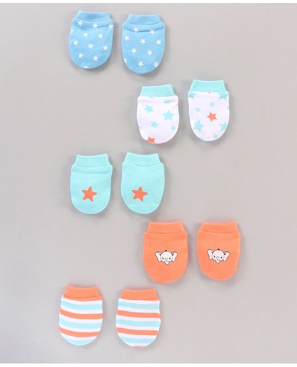 Babyhug 100% Cotton Mittens Set Multi Print Pack Of 5 - Multicolor