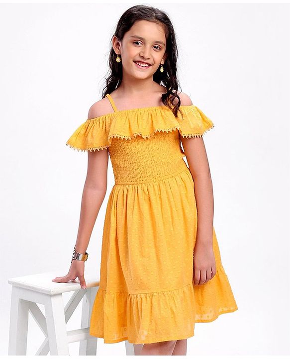 Pine Kids Cotton Woven Singlet Frock Cold Shoulder - Golden