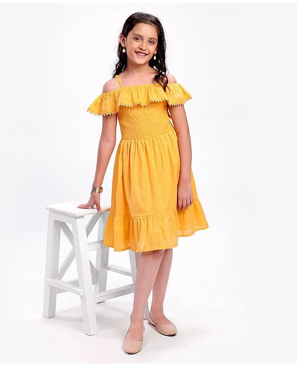 Pine Kids Cotton Woven Singlet Frock Cold Shoulder - Golden