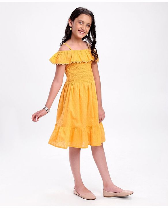 Pine Kids Cotton Woven Singlet Frock Cold Shoulder - Golden