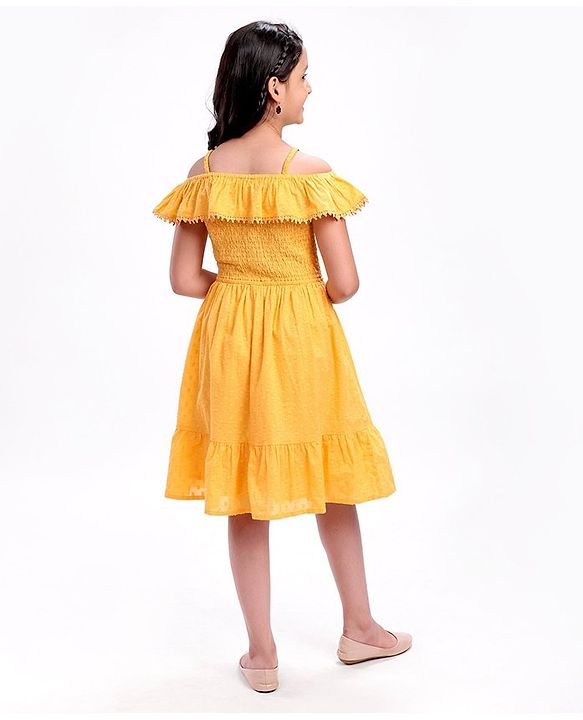 Pine Kids Cotton Woven Singlet Frock Cold Shoulder - Golden