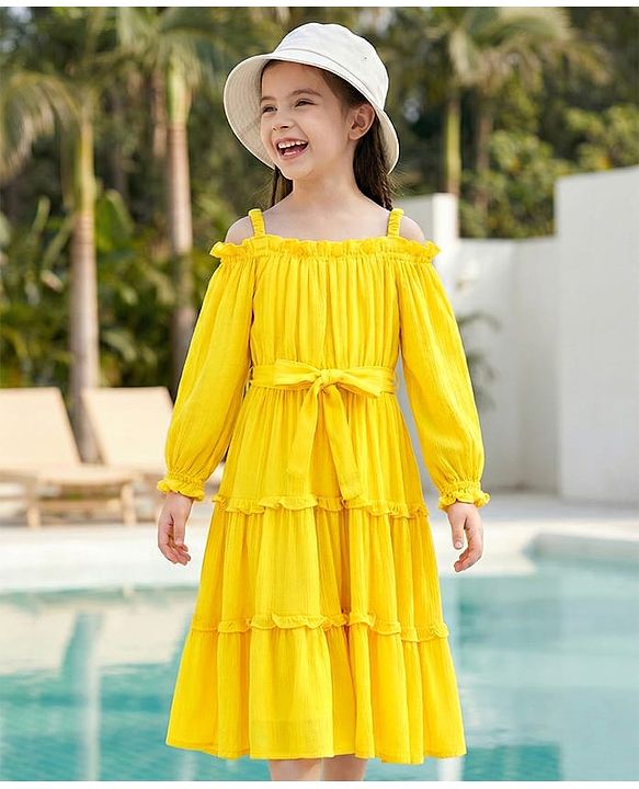 Pine Kids Full Sleeves Mid Calf With Cotton Lining Dress - Gold Finch
