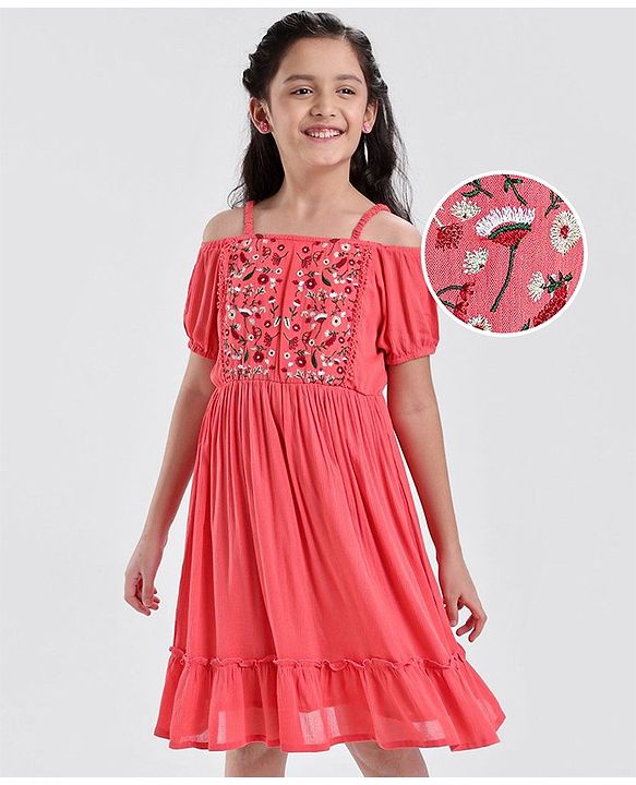 Pine Kids Cold Shoulder Embroided Flared Dress - Fuchsia