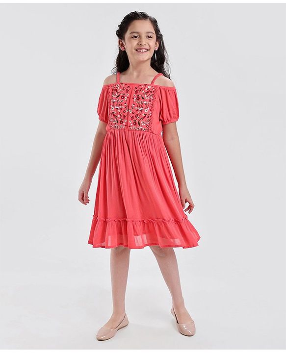 Pine Kids Cold Shoulder Embroided Flared Dress - Fuchsia