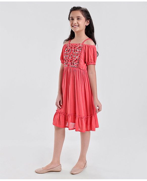 Pine Kids Cold Shoulder Embroided Flared Dress - Fuchsia