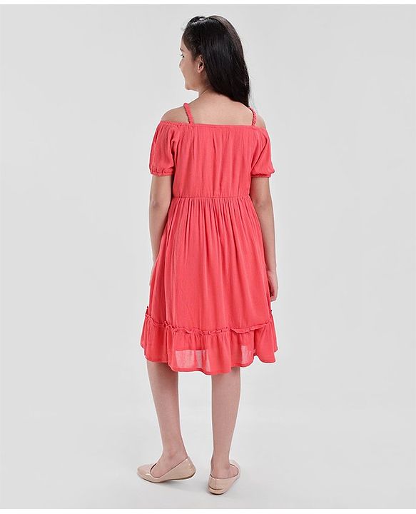 Pine Kids Cold Shoulder Embroided Flared Dress - Fuchsia
