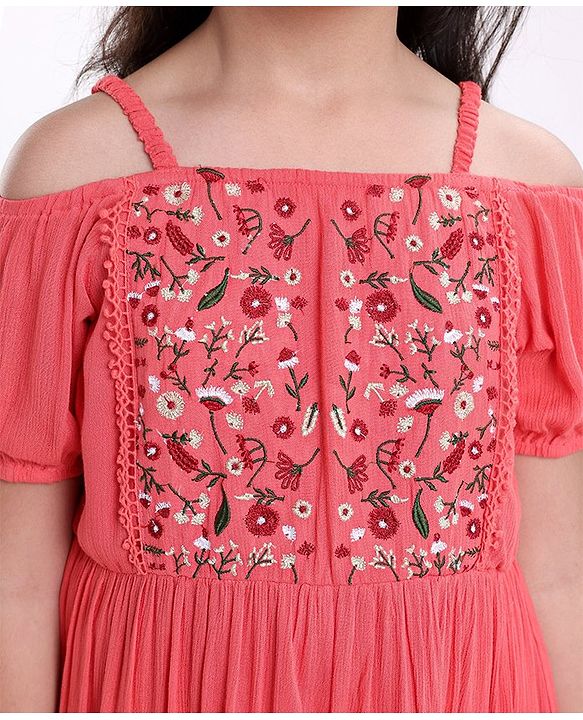 Pine Kids Cold Shoulder Embroided Flared Dress - Fuchsia