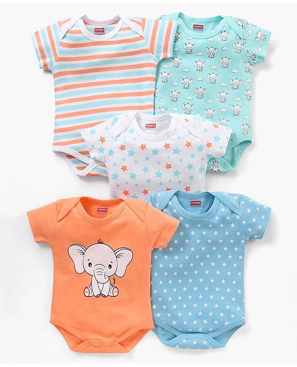 Babyhug 100% Cotton Cap Sleeves Onesies Printed Pack of 5 - Multicolour
