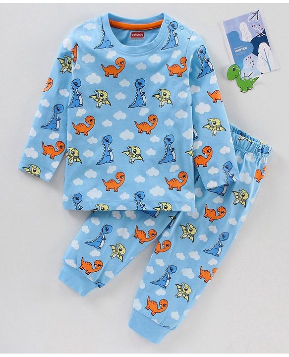 Babyhug Full Sleeves Night Suit Dino Printed - Blue