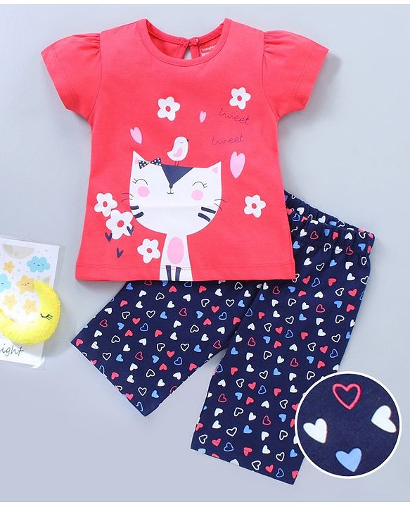 Babyhug Short Sleeves Cotton Capri Set All Over Print - Pink Blue
