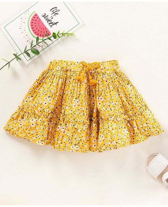 Babyhug Mid Thigh Skirt With Lining Floral Print- Yellow