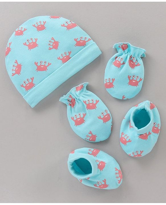Babyhug 100% Cotton Cap Mitten Booties Set Crab Printed Blue - Diameter 11 cm