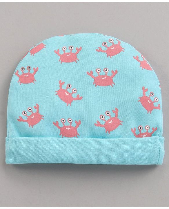 Babyhug 100% Cotton Cap Mitten Booties Set Crab Printed Blue - Diameter 11 cm