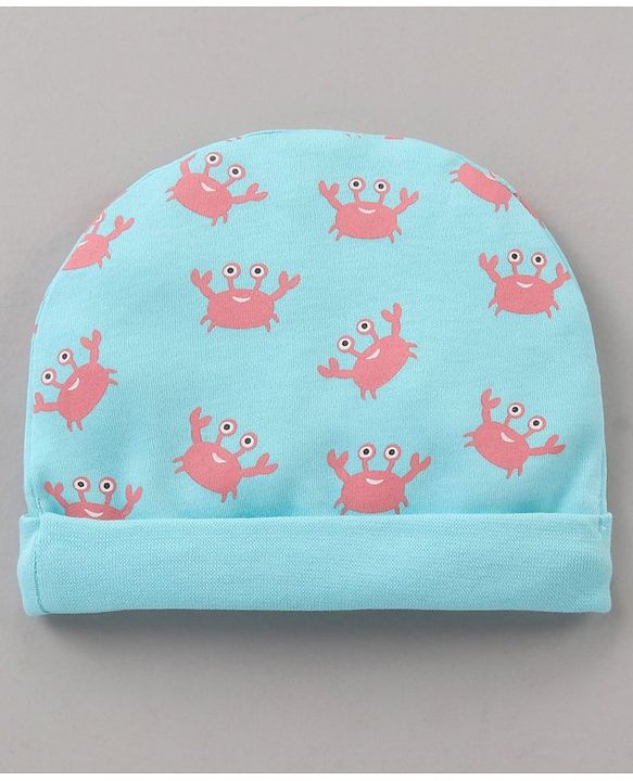 Babyhug 100% Cotton Cap Mitten Booties Set Crab Printed Blue - Diameter 11 cm