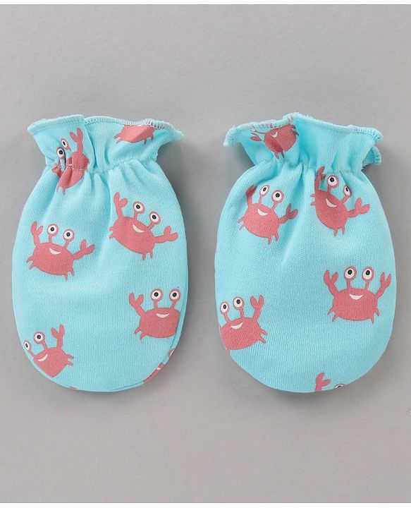 Babyhug 100% Cotton Cap Mitten Booties Set Crab Printed Blue - Diameter 11 cm