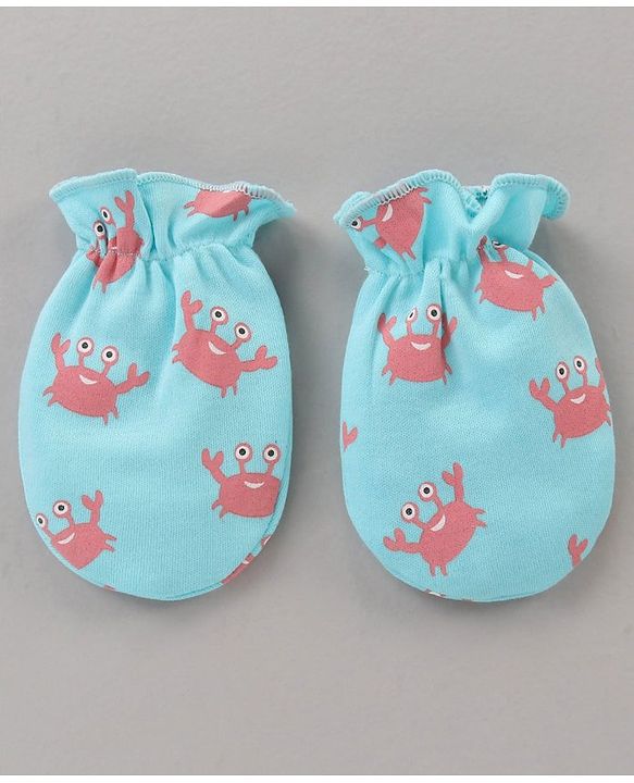 Babyhug 100% Cotton Cap Mitten Booties Set Crab Printed Blue - Diameter 11 cm