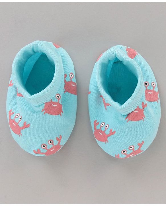 Babyhug 100% Cotton Cap Mitten Booties Set Crab Printed Blue - Diameter 11 cm