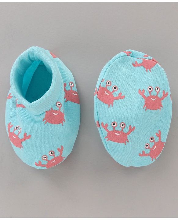 Babyhug 100% Cotton Cap Mitten Booties Set Crab Printed Blue - Diameter 11 cm