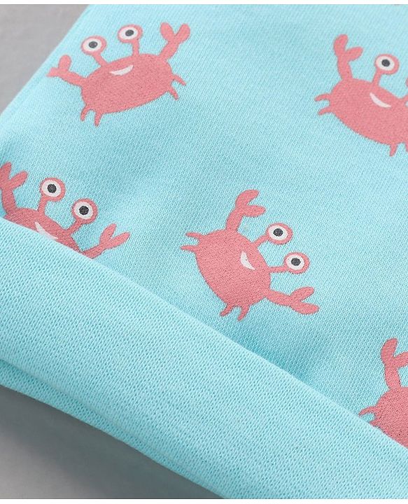 Babyhug 100% Cotton Cap Mitten Booties Set Crab Printed Blue - Diameter 11 cm