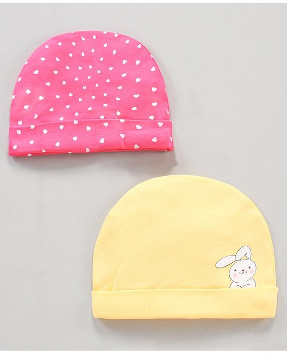 Babyhug 100% Cotton Caps Heart Print Pack of 2 - Pink Yellow