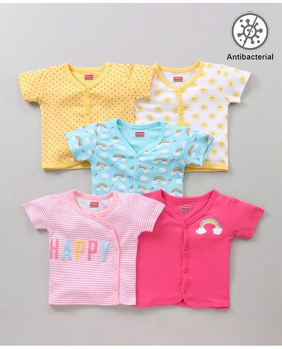 Babyhug 100% Cotton Antibacterial Half Sleeves Vests Rainbow Print Pack of 5 - Pink Blue Yellow White