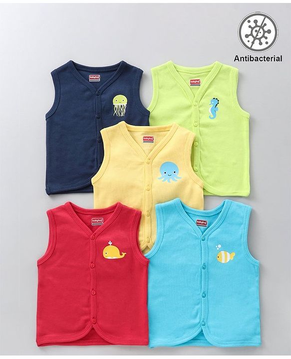 Babyhug 100% Cotton Anti-Bacterial Vests Sea Creatures Print Pack Of 5 - Multicolor