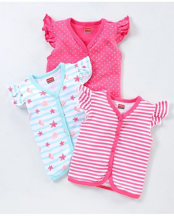 Babyhug 100% Cotton Flutter Sleeves Polka Dots Print & Striped Vest Pack of 3 - Multicolour