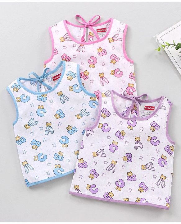 Babyhug 100% Cotton Sleeveless Jhablas Alphabets Print Pack of 3 - Multicolor