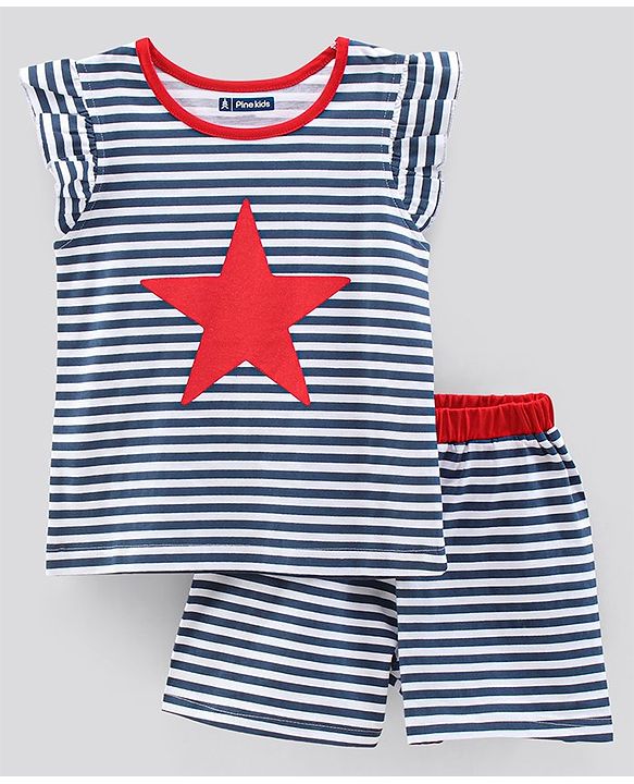 Pine Kids Short Sleeves Biowash Night Suit - Blue White