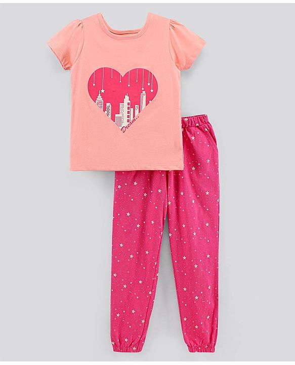 Pine Kids Half Sleeves Biowashed Top & Pyjama Nightwear Set Heart & Stars Print - Peach Pink