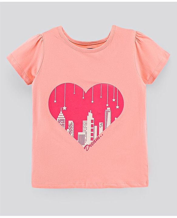 Pine Kids Half Sleeves Biowashed Top & Pyjama Nightwear Set Heart & Stars Print - Peach Pink