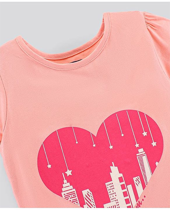 Pine Kids Half Sleeves Biowashed Top & Pyjama Nightwear Set Heart & Stars Print - Peach Pink