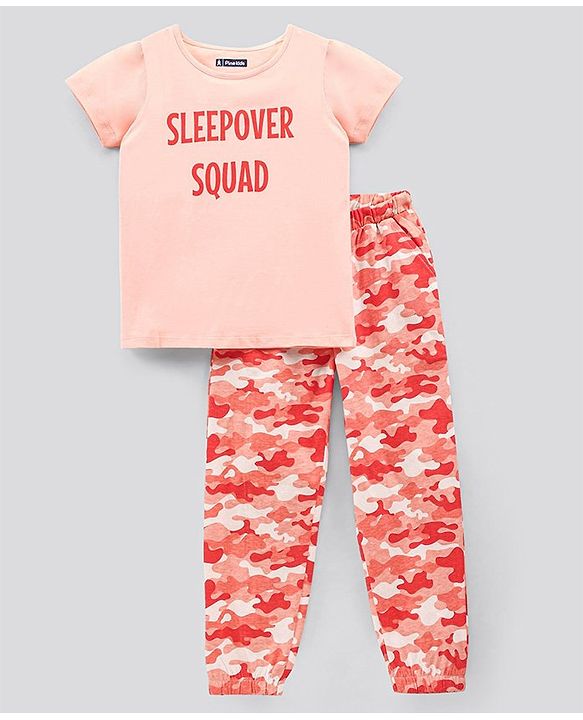 Pine Kids Half Sleeves Bio Washed Pyjama Set Text Print - Peach