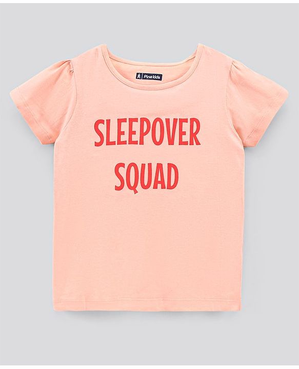 Pine Kids Half Sleeves Bio Washed Pyjama Set Text Print - Peach